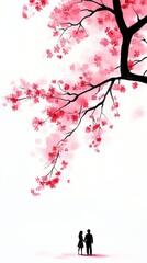 a watercolor painting of a couple under cherry blossoms, romantic scenery, soft pastel, isolated on white background