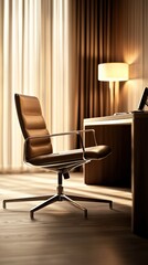Stylish Office Workspace Featuring Modern Leather Chair and Cozy Ambient Lighting
