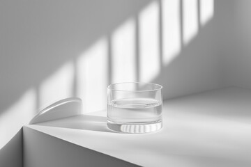 Glass of water on white surface with shadows