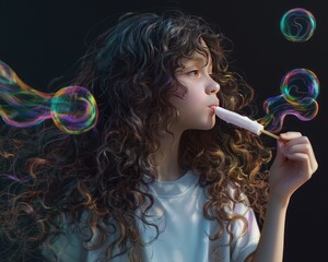 Obraz premium A girl eating ice cream, long curly hair, oversized t-shirt, black background, ethereal bubble, color photography.