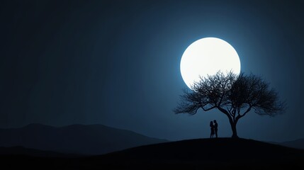 Fototapeta premium Couple silhouette under a full moon, dreamy romance scene, 3D illustration