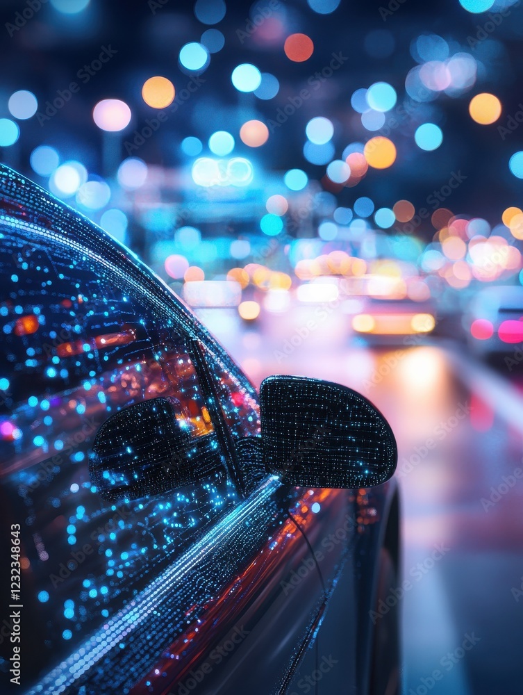 Poster car with abstract digital interface on bokeh background. automation and transport concept. multiexpo