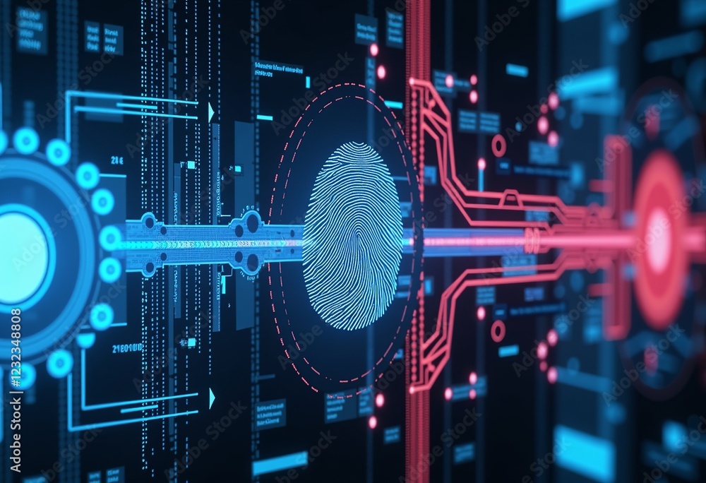 Poster abstract visualization of biosecurity as a digital data stream flowing from a fingerprint, digital s