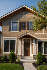 Fototapeta premium Dream Suburban Home: Classic Architecture, Landscaped Garden, and Inviting Entrance