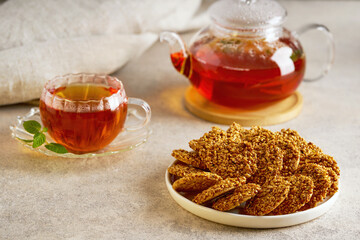 Traditional middle eastern sesam cookies barazek with arabic mint tea.