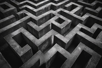 A bird's-eye view of an intricate maze, with light and shadow creating a complex play of patterns