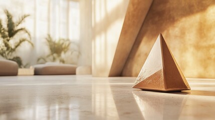 Golden pyramid on marble floor in a room, illuminated by sunlight.
