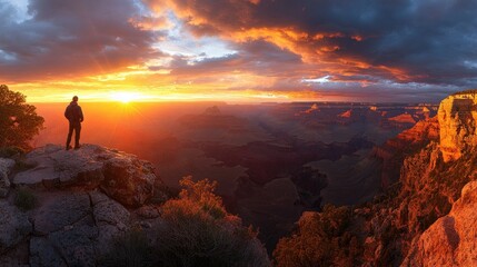 A lone hiker stands on a cliff overlooking the Grand Canyon at sunrise, the sky ablaze with vibrant orange and red hues.