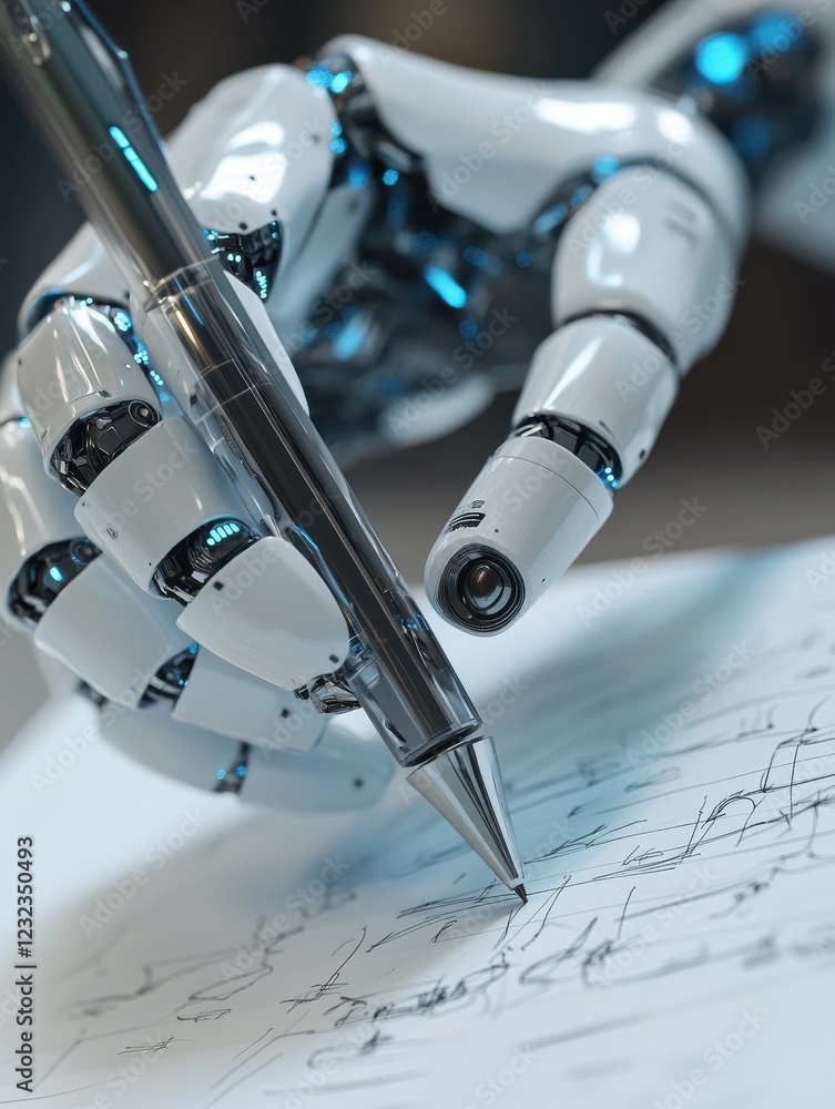 Poster artificial intelligence chatbot writing answers with a pen on paper, showcasing digital illustration