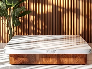 Modern Minimalist Table with Marble Surface and Wooden Base Surrounded by Green Leaves