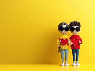 Fototapeta premium Couple holding matching keychains, symbolic love gift, 3D illustration