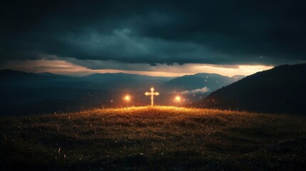 Glowing Cross on Hilltop at Dusk