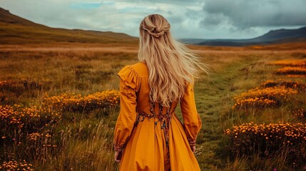 Naklejka premium An atmosphere concept filled with melancholy emotions. misty solitude, silhouette Woman Walking Through a Field of Dry Flowers