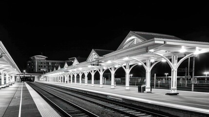 Fototapeta premium Night at the Train Station: A Monochromatic View