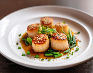 seared scallops with a sesame crust garnished with green onions and herbs served on a modern white plate for luxurious seafood stock photography