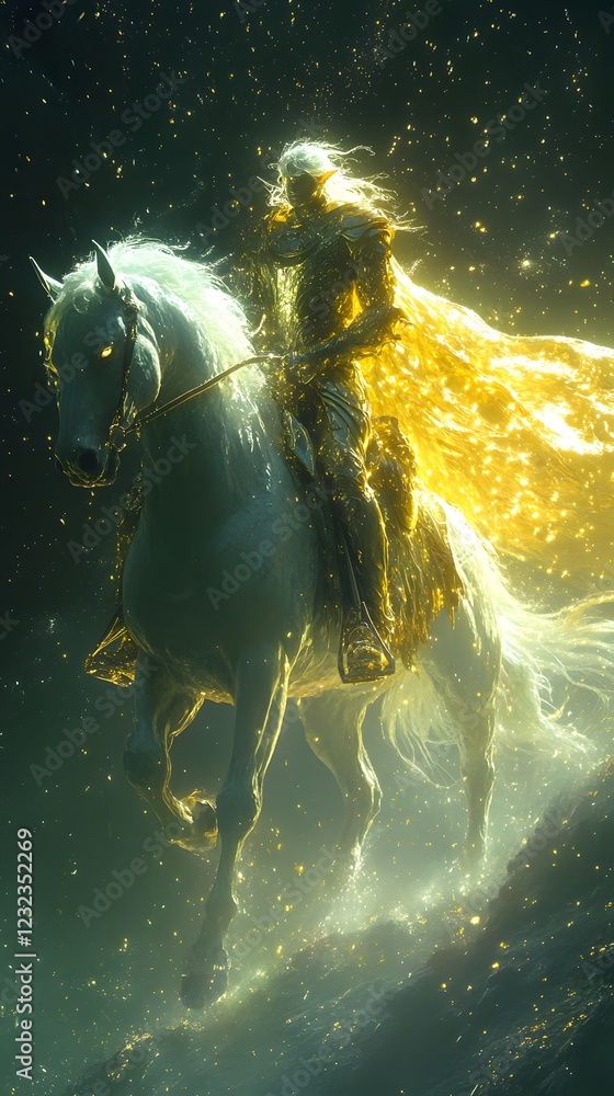 Poster glowing unicorn ridden by a golden elf with metallic flowing robes both figures radiating light agai