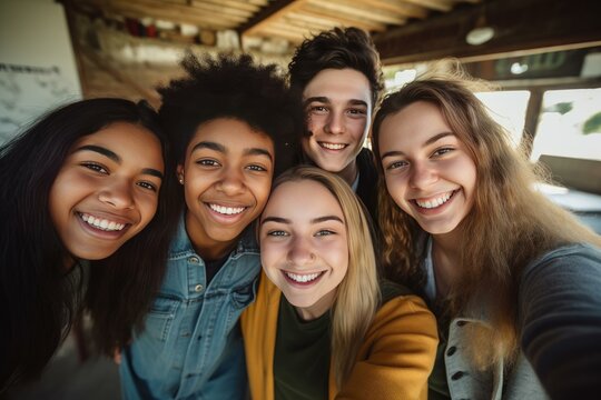 Five multi ethnic high school students smiling together in a selfie