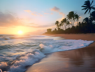Tranquil exotic sunset view on a beach with palm trees