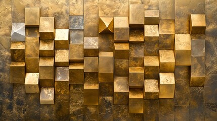 A golden wall with small cube tiles arranged in an abstract pattern