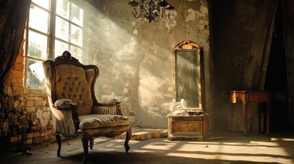 Vintage chair and mirror in a sunlit rustic room
