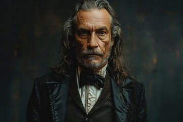 Fototapeta premium Brutal man with long hair and a wrinkled face poses in an elegant black outfit with a bow tie against a dark background