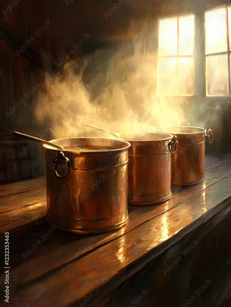 Poster copper pots steaming on a wooden table in a rustic kitchen with sunlight filtering through the windo