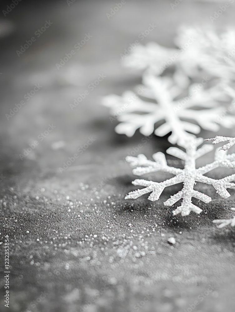Poster delicate snowflakes on a dark surface with sparkling texture in a winter setting