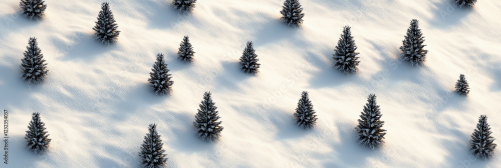 Aufkleber aerial view capturing small fir trees casting long shadows across a pristine snow covered slope, for