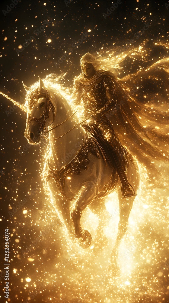 Poster glowing unicorn ridden by a golden elf with metallic flowing robes both figures radiating light agai