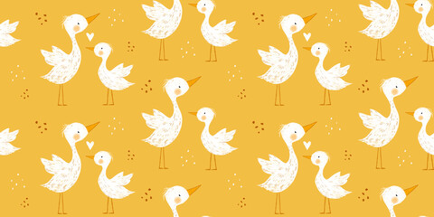Gorgeous pattern mother and chicks. Seamless pattern on orange background.
Children's print for printing on children's things: diapers, towels for newborns, cards, wallpaper, bodysuits. Storks mother.