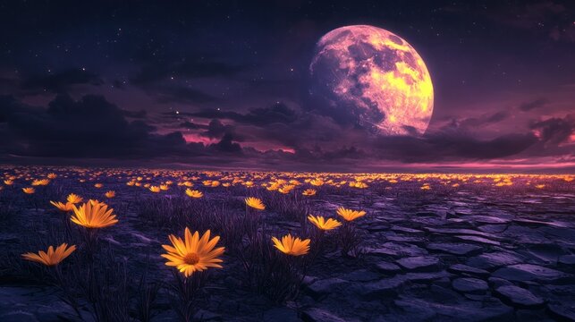 Night moonlit field, yellow flowers, cracked earth, fantasy landscape, poster