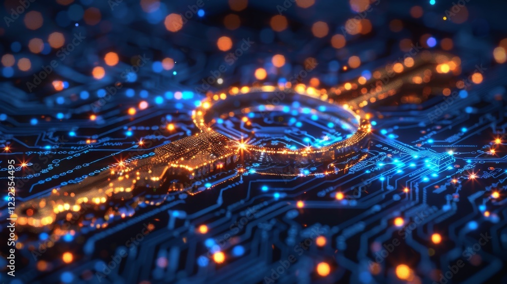 Leinwandbilder a glowing magnifying glass rests on a dark circuit board, illuminated by vibrant blue and orange lig