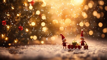 Obraz premium Whimsical Scene of Two Elves in Santa Hats Surrounded by Christmas Gifts and Snowflakes