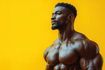 A highly defined white male bodybuilder stands tall, showcasing his sculpted physique against a bright yellow background.