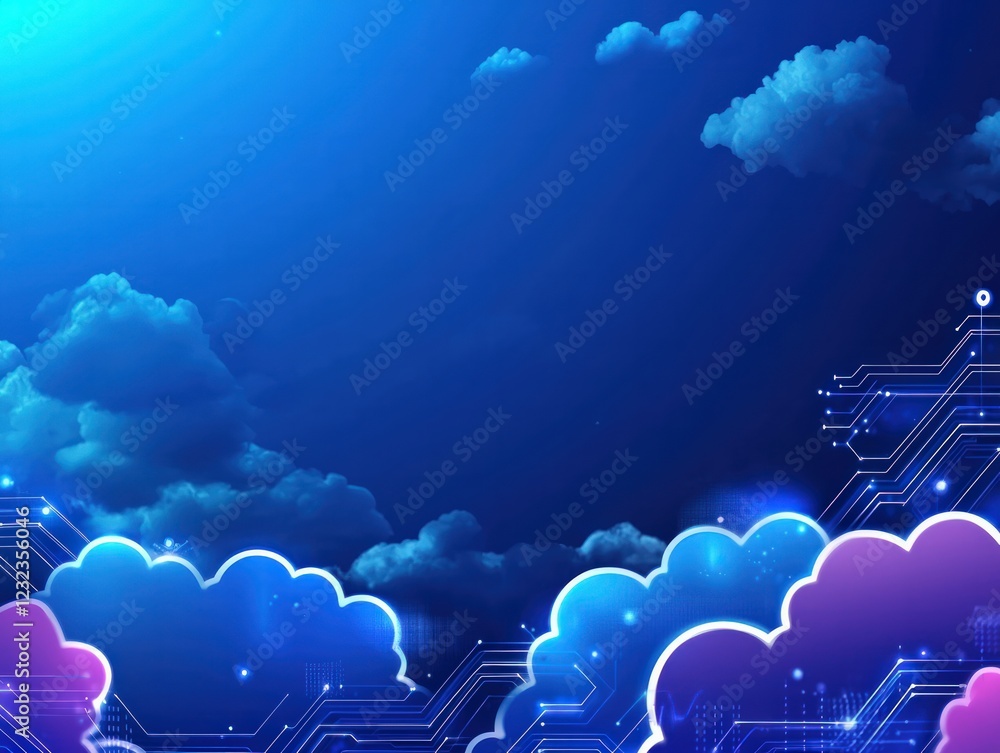Poster futuristic abstract cloudscape with digital circuit elements and bright blue atmosphere
