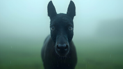 Black horse stares, foggy field, rain, nature