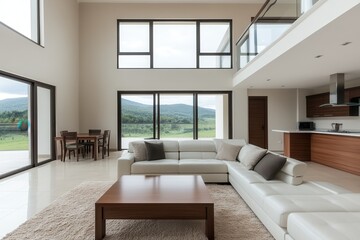 Fototapeta premium Virtual tours are transforming real estate experiences. Modern living room with large windows and scenic views of nature.