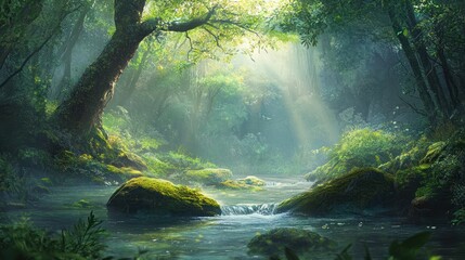 Sunlit stream flows through lush green forest; misty background, nature scene