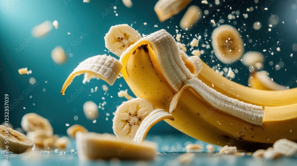 Poster a visually striking image of bananas exploding in pieces, showcasing vibrant colors and motion, crea