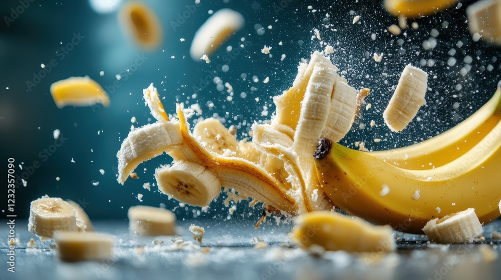 Poster this dynamic image captures an explosion of bananas, featuring vibrant motion effects that highlight