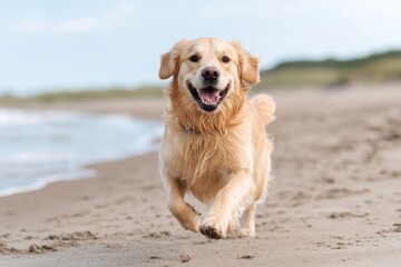 Golden retriever running happily on the beach