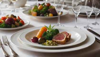 Elegant Gourmet Meal Roasted Beef Seasonal Vegetables Fine Dining