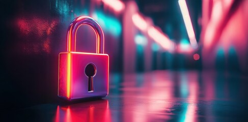 A glowing padlock rests on a reflective floor, surrounded by neon-lit walls, creating a mysterious and futuristic atmosphere.
