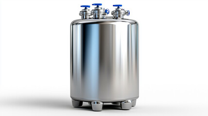 Metallic gas storage tank with blue valves on a white background, emphasizing industrial design and functionality