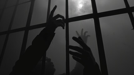 Silhouetted Hands Reaching Through Foggy Window Pane