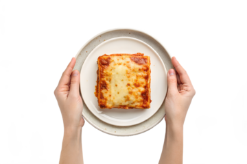 Top-Down View of Two Hands Holding a Plate with a Tasty Dish, Elegant Meal, Dining Experience