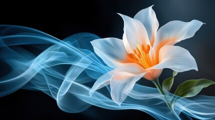 Captivating digital floral featuring vibrant glowing petals and ethereal smoke like elements that create a mesmerizing modern and visual experience