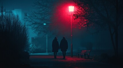 Naklejka premium Night Stroll Under Crimson Glow