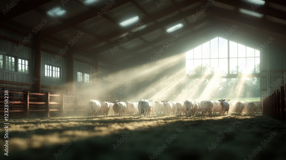 Poster a serene barn scene filled with cattle illuminated by sun rays streaming through the windows, creati