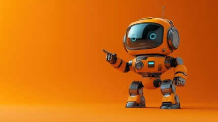 Positive cute robot pointing at a space. Copy space, ai generated
